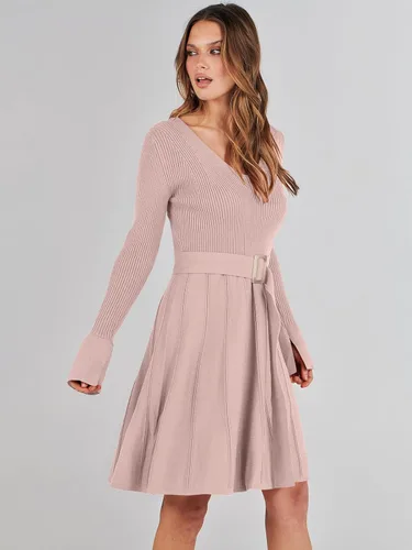 Vista 4 de ANRABESS Vestido tipo suéter de manga larga con cuello en V y lazo en la cintura, plisado, acampanado, elegante, de punto acanalado, vestido midi