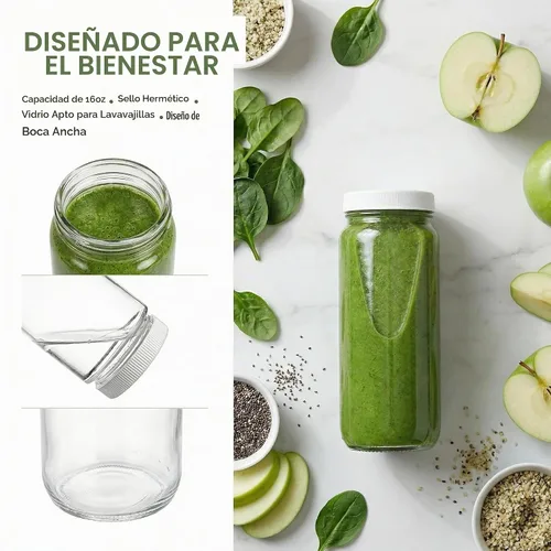 Vista 3 de Paquete de 16 botellas de jugo de vidrio de 16 onzas con tapas