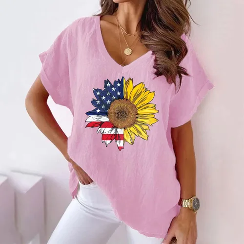 Vista 6 de Independence Day Tops Women Cotton Linen Shirts Patriotic Sunflower Graphic Tees American Flag V-Neck Loose Blouses