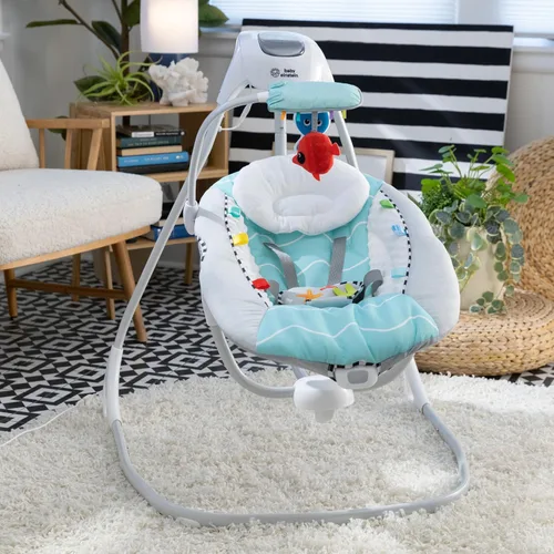 Vista 15 de Baby Einstein Ocean Explorers Musical Compact, columpio ligero para bebé, 6 velocidades multidirección, vibraciones, música, sonidos, 0-9 meses, Gris