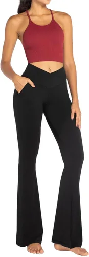 Vista 8 de Sunzel Leggings acampanados para mujer con bolsillos, pantalones de yoga cruzados con control de abdomen, cintura alta y pierna ancha