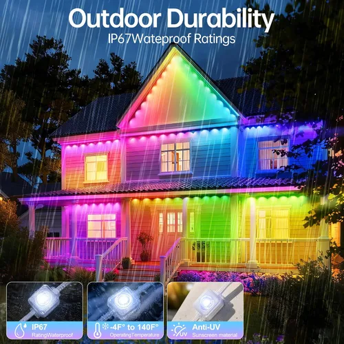 Vista 2 de Permanent Outdoor Lights 200ft RGB+IC Waterproof Outdoor String Lights,App/Voice Control, 100 Scene Modes LED Lights for Christmas &