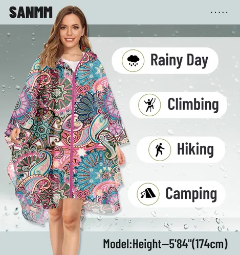 Vista 2 de SANMM Poncho de lluvia reutilizable con capucha para mujeres y adultos con bolsillos con cremallera