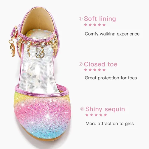 Vista 5 de Furdeour Zapatos de vestir para niñas, zapatos de princesa con tacón alto de cristal, puntera cerrada, fiesta, boda, flores, zapatos para niñas