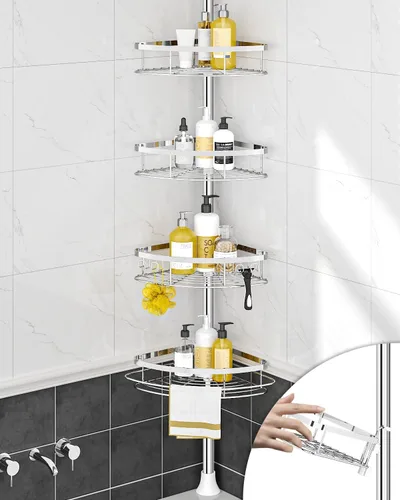 Vista 8 de SEIRIONE Estante de Ducha Esquinero con Barra de Tensión, Organizador de Ducha de Baño a Prueba de Óxido, Estante de Baño Ajustable de 4 Niveles