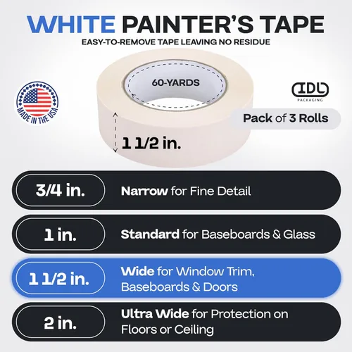 Vista 2 de IDL Packaging Cinta adhesiva blanca de 1 1/2 pulgadas x 60 yardas (paquete de 3 rollos), adhesivo de goma natural, protección de líneas afiladas
