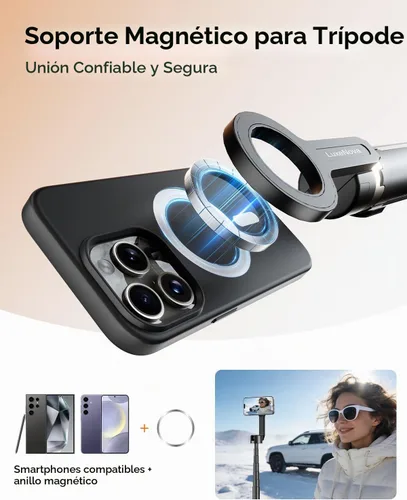 Vista 2 de Trípode magnético para selfie stick de 72 pulgadas para iPhone MagSafe, soporte de trípode extensible para teléfono con control remoto Bluetooth