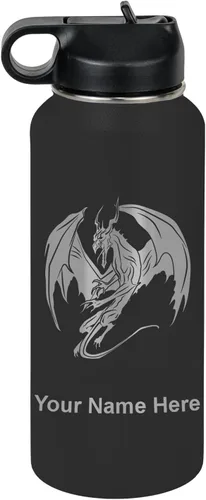 Vista 75 de LaserGram Botella de agua con tapa abatible de doble pared de 12 onzas con pajilla, dragón, grabado personalizado incluido (negro)