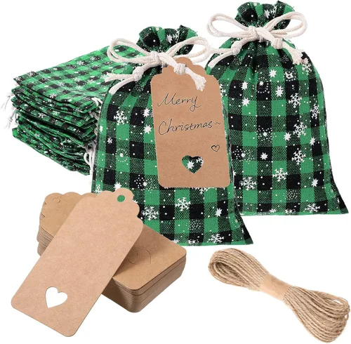 Vista 10 de Shappy 24 bolsas de Navidad con cordón, bolsas de arpillera a cuadros de Navidad, bolsas de lino con cuerda de 32.8 pies, 24 tarjetas