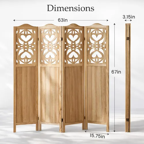 Vista 2 de Divisor de habitación de 4 paneles totalmente montado, separadores de habitación tallados y pantallas plegables, divisor de madera de 5.6 pies