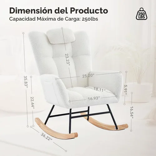 Vista 3 de Silla mecedora tapizada para guardería, mecedora tapizada con asiento acolchado con respaldo alto, silla auxiliar cómoda Beige