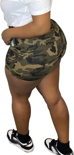 Vista 2 de Pantalones cortos cargo de camuflaje para mujer, cintura alta, pantalones cortos de fatiga militar, pantalones cortos de mezclilla de camuflaje