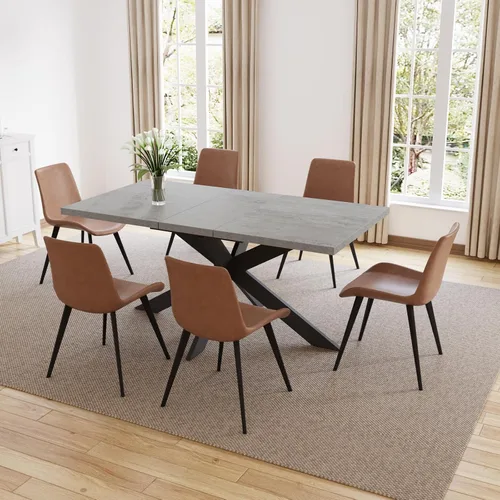 Vista 12 de ZckyCine Juego de mesa de comedor extensible de 6 piezas, moderna mesa de madera gris de 63 a 79 pulgadas con 6 sillas de tela gris, mesa de comedor