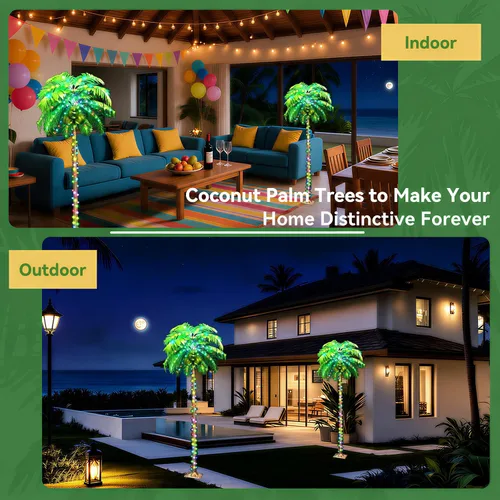 Vista 3 de Ledido - Palmera artificial iluminada de 5 pies, colorida con 3 cocos, 144 luces LED, para exteriores, con control remoto, impermeable, regulable