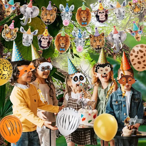 Vista 6 de Decoraciones de cumpleaños de animales de safari, fiestas, animales de la selva, banderines salvajes para tartas y globos para niños y niñas