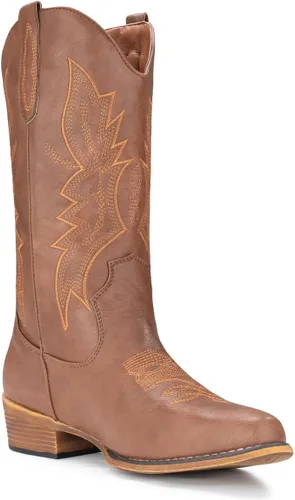 Vista 2 de IUV Botas vaqueras para mujer, botas vaqueras, botas vaqueras con punta puntiaguda, botas de media pantorrilla