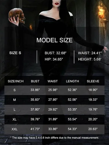 Vista 6 de VAFADRESS Morticia Addams - Vestido de disfraz para Halloween, hombros descubiertos, manga larga, maxi vestidos de fiesta