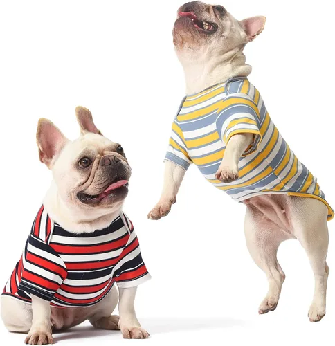 Vista 7 de Camisas para perros, chaleco de algodón a rayas, ropa elástica sin mangas para perros pequeños, paquete de 2 camisetas suaves y transpirables