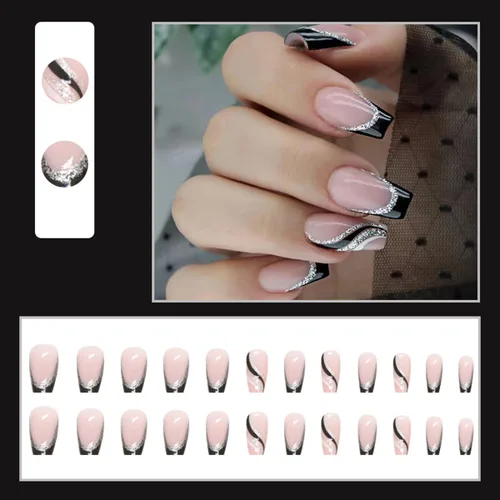 Vista 2 de Uñas postizas a presión con punta francesa negra, uñas postizas cuadradas de longitud media con diseños de línea de purpurina plateada, uñas