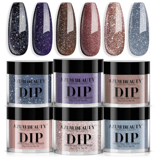 Vista 13 de AZUREBEAUTY - Juego de uñas en polvo para inmersión, rojo navideño, borgoña, rosa, baya, brillo, blanco, plata, purpurina, 6 colores, kit