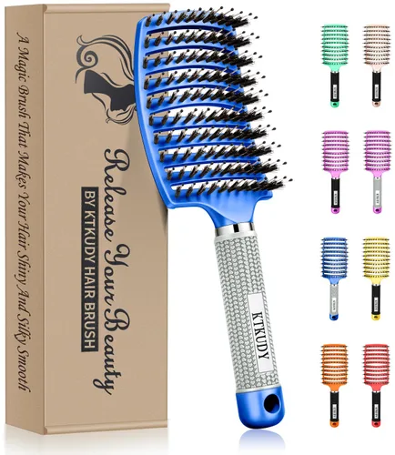 Vista 13 de KTKUDY Cepillo para desenredar con cerdas de jabalí, cepillo para hacer el cabello más brillante y saludable, cepillo desenredante curvo y ventilado