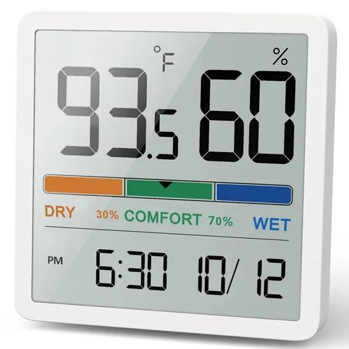 Vista 10 de NOKLEAD Termómetro higrómetro para interiores, mini monitor digital de temperatura y humedad de escritorio con indicador de comodidad y reloj
