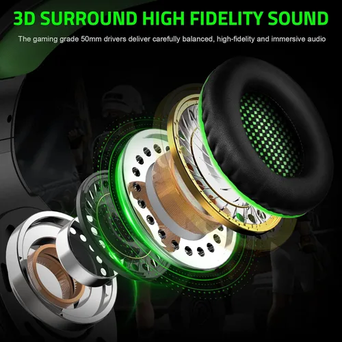 Vista 3 de Pacrate Auriculares para juegos con micrófono para Switch PC, PS4, PS5, Xbox One, cancelación de ruido, auriculares para juegos con luces LED