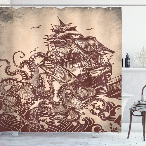 Vista 31 de Ambesonne Cortina de ducha con diseño de ciervo, silueta de animales del bosque brumoso en la naturaleza, diseño de dibujos animados, decoración