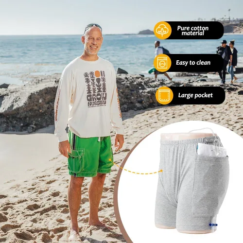 Vista 7 de Paquete de 3 pantalones cortos de orina para hombre, bolsa de drenaje de ostomía, pantalones para el cuidado de la incontinencia, pantalones cortos