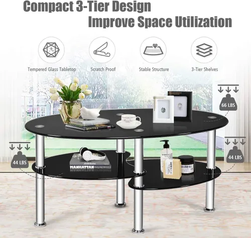 Vista 5 de FANTASK Mesa de centro de vidrio templado, mesa de té ovalada de acero de 3 niveles con amplio escritorio de vidrio, estante de almacenamiento