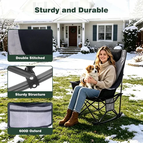 Vista 5 de SUNNYFEEL Silla mecedora con calefacción de gran tamaño, silla de patio totalmente acolchada con bolsillo lateral, sillón reclinable portátil