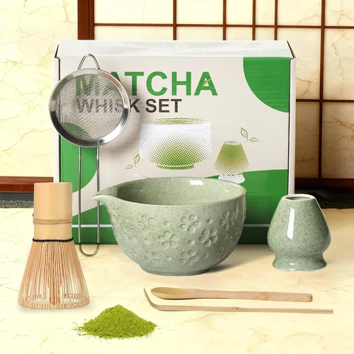 Vista 9 de Juego de té de batidor matcha: kit de matcha japonés – Cuenco de cerámica de bambú con soporte para cuchara medidora, cuchara medidora, práctica