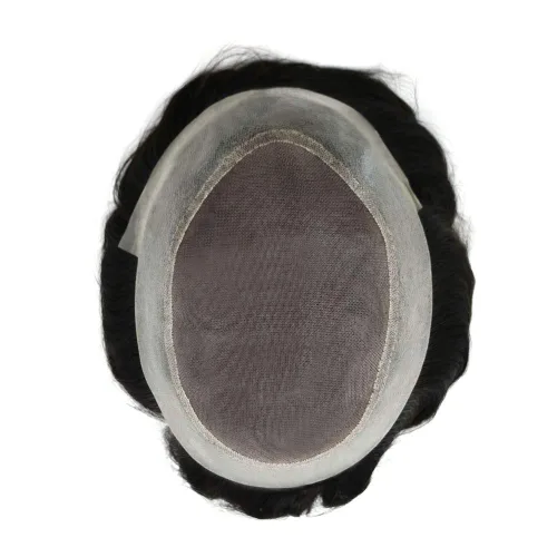Vista 4 de Peluca tipo tupé para hombre, sistema de repuesto de cabello humano #1B, negro natural, duradero, monofilamento fino, monofilamento, piel
