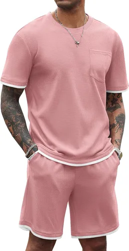 Vista 13 de COOFANDY Conjunto de camisa y pantalones cortos de gofre para hombre, conjunto de 2 piezas, conjunto casual de verano con bolsillos