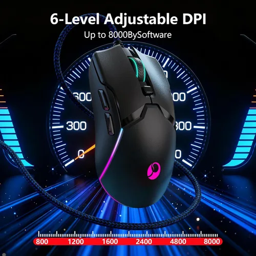 Vista 8 de Ratón para juegos con cable SPEEDORA, ratones ópticos ergonómicos de 8000 DPI con 12 modos de retroiluminación RGB, 6 botones programables, software