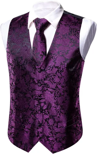 Vista 5 de Barry.Wang Chaleco de traje con cuello en V de cachemira para hombre, chaleco de jacquard de seda formalocio, conjunto de 5 piezas