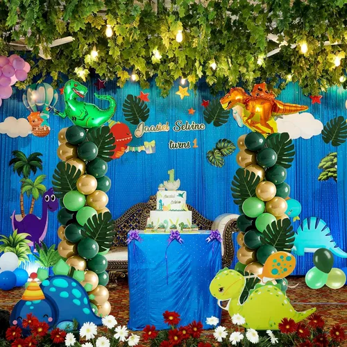 Vista 8 de Juego de 2 soportes de columna de globos de dinosaurio, kit de columna de globos de oro verde y verde ajustable con temática de dinosaurio
