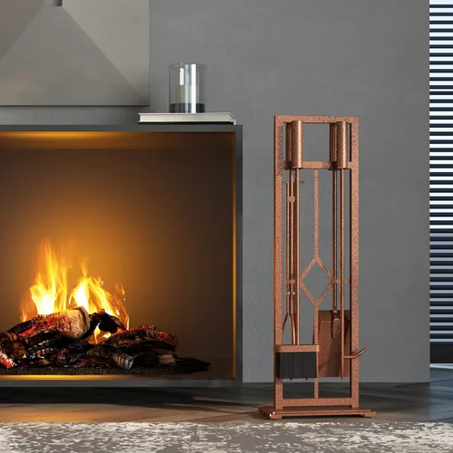 Vista 4 de Fire Beauty Juego de 5 herramientas para chimenea de hierro forjado, soporte para poker (bronce antiguo)
