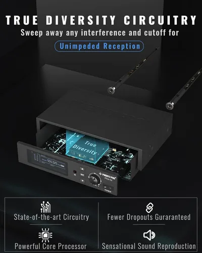 Vista 3 de Sistema de micrófono inalámbrico Phenyx Pro True Diversity con 1000 canales sintonizables, set de micrófono inalámbrico único con escaneo
