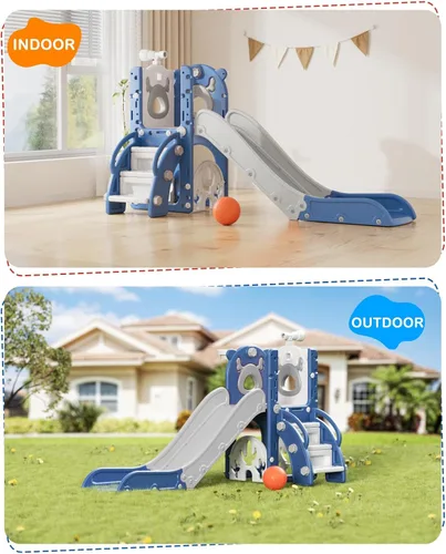 Vista 7 de YUFU Tobogán 7 en 1 para Niños para Niños Pequeños, Conjunto de Juego de Tobogán para Niños Pequeños con Golf, Escalador, Aro de Baloncesto