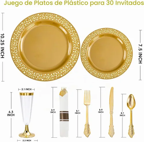 Vista 2 de DaYammi Juego de 210 platos de plástico desechables dorados para bodas y fiestas Marrón