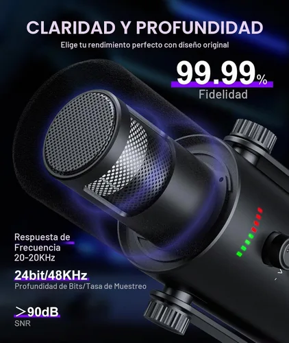 Vista 2 de Micrófono dinámico para juegos Modo dual USB/XLR Kit de micrófono de brazo RGB con silencio de un solo toque, monitor de auriculares, control
