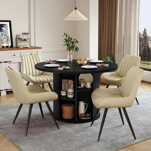 Vista 8 de Miereirl Juego de mesa y sillas de comedor moderno redondo, con una mesa de comedor de madera equipada con compartimentos de almacenamiento
