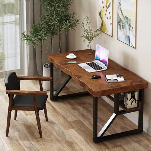 Vista 4 de Escritorio de madera maciza para computadora, escritorio de estudio resistente, estación de trabajo con patas de metal, fácil de montar