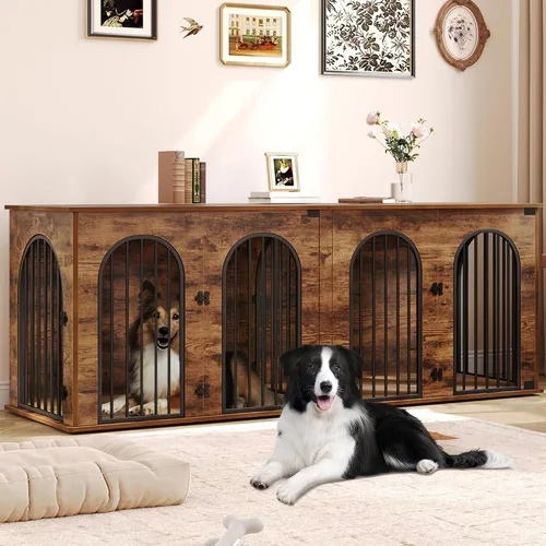 Vista 20 de Hzuaneri 63" Mueble de jaula para perros para 2 perros, jaula de perro interior resistente con soporte para TV, jaula de madera para perros L