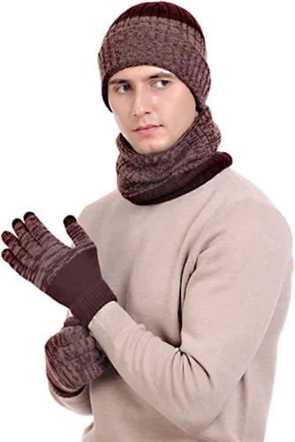 Vista 6 de RANOME Conjunto de guantes de bufanda de invierno para hombre 3 piezas gorros de punto guantes de cuello calentadores de cuello para mujer gorros