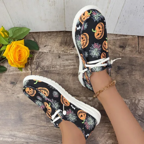 Vista 9 de Zapatos deportivos de lona con estampado de calabaza de Halloween para mujer, zapatos bajos de lona para decoración de Halloween, zapatos planos