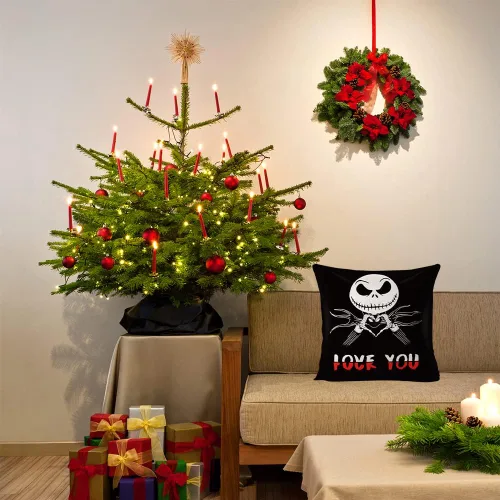 Vista 3 de Funda de almohada Jack Skellington - Decoración de Navidad, Funda de almohada Jack Love You, Funda de almohada de lino y algodón 18 x 18 pulgadas