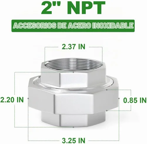 Vista 2 de TAISHER 1 pieza Unión de acero inoxidable 304, 2" NPT hembra, conexión de tubería fundida