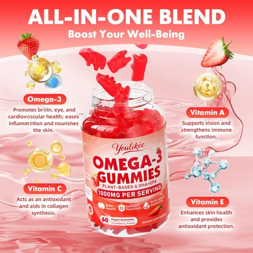 Vista 4 de Gomitas veganas Omega-3 de 1000 mg, alternativa al aceite de pescado Omega 3 para adultos, DHA a base de plantas de 460 mg y EPA 230 mg con vitamina